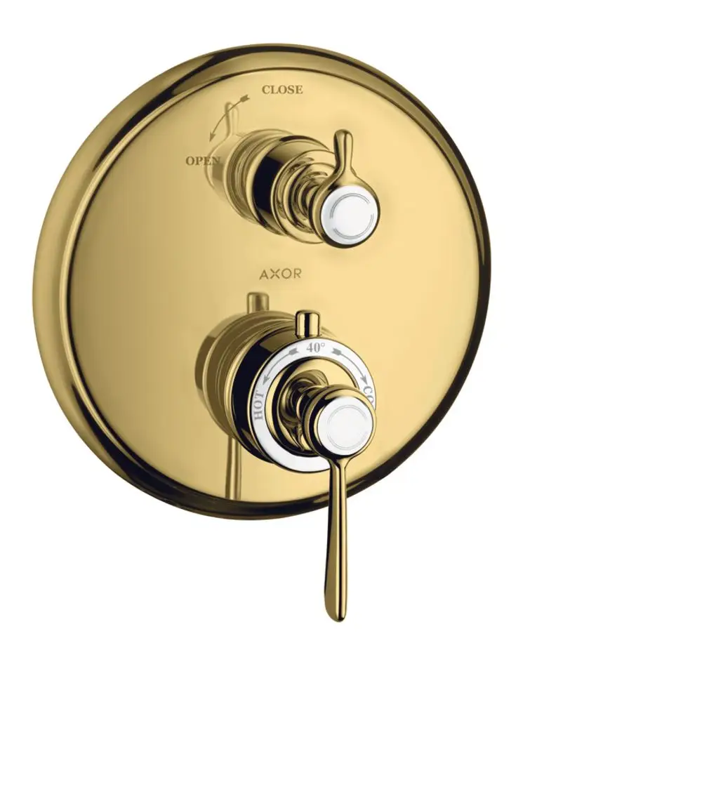 Thermostat mit Hebelgriff und Absperrventil in polierter Gold-Optik von AXOR, bestehend aus zwei Steuergriffen für Temperatur und Wasserzufuhr.